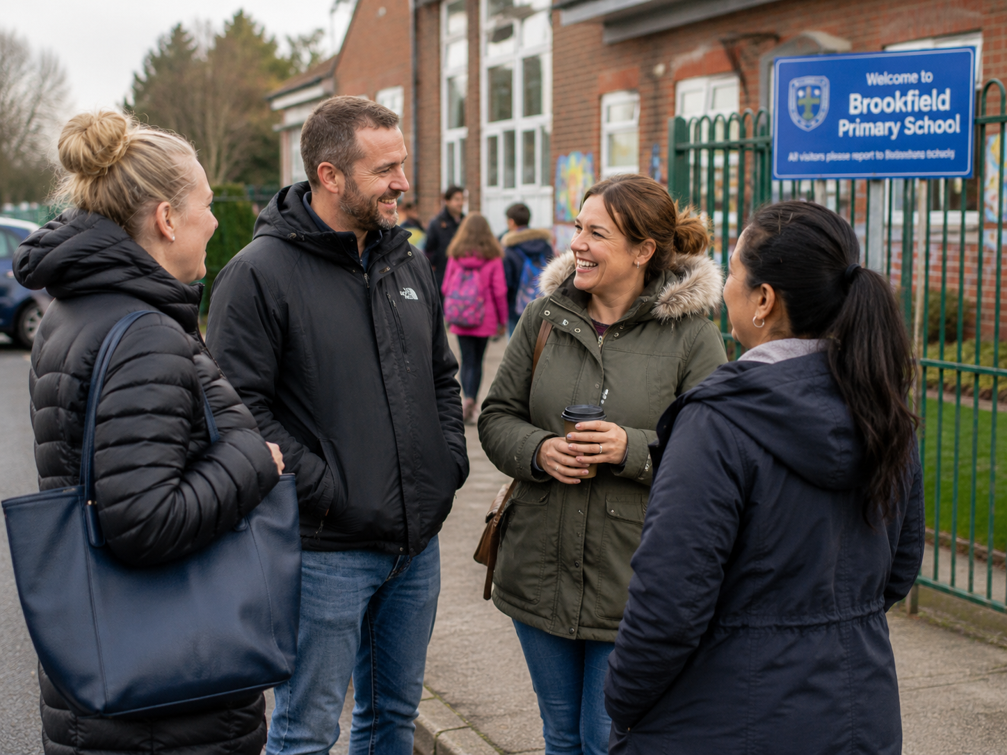 Parents chatting and smiling together outside a school