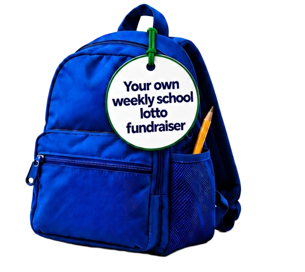 Royal blue school backpack with a hanging tag: Your own weekly school lotto fundraiser